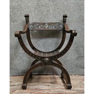 Antique Curule Chair In Carved Wood – Renaissance/savonarola Style  