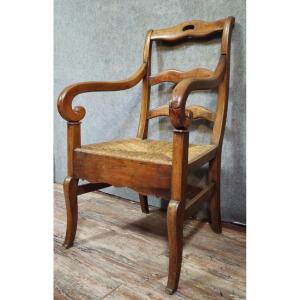 Empire Armchair In Solid Walnut With A Woven Straw Seat