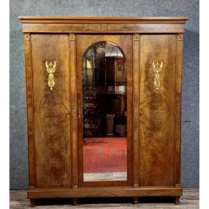 Antique Mahogany Wardrobe With Mirror – Empire Style / 20th Century