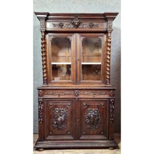 Buffet - bibliothèque deux corps ancien en bois sculpté – style Renaissance