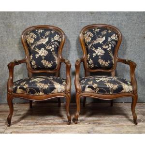 Pair Of Napoleon III Period Mahogany Armchairs With Silk-like Upholstery