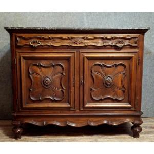 Buffet ou commode a portes Vénitien style Louis XV en noyer avec plateau marbre / XIXeme