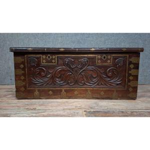 Antique Carved Wooden And Gilt Brass Chest – Oriental / 19th Century