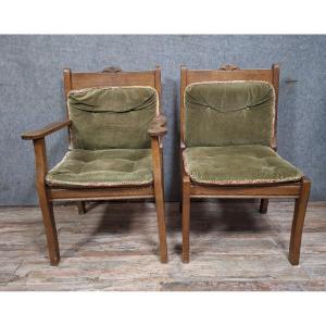 Pair Of Modernist Solid Oak Armchairs (scandinavian) Circa 1950-1960