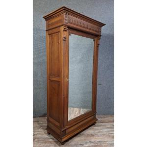 Henri II Style Solid Walnut Mirror Cabinet, Late 19th Century.