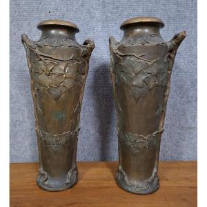 Pair Of Large Art Nouveau Terra Cotta Vases With Bronze Patina.