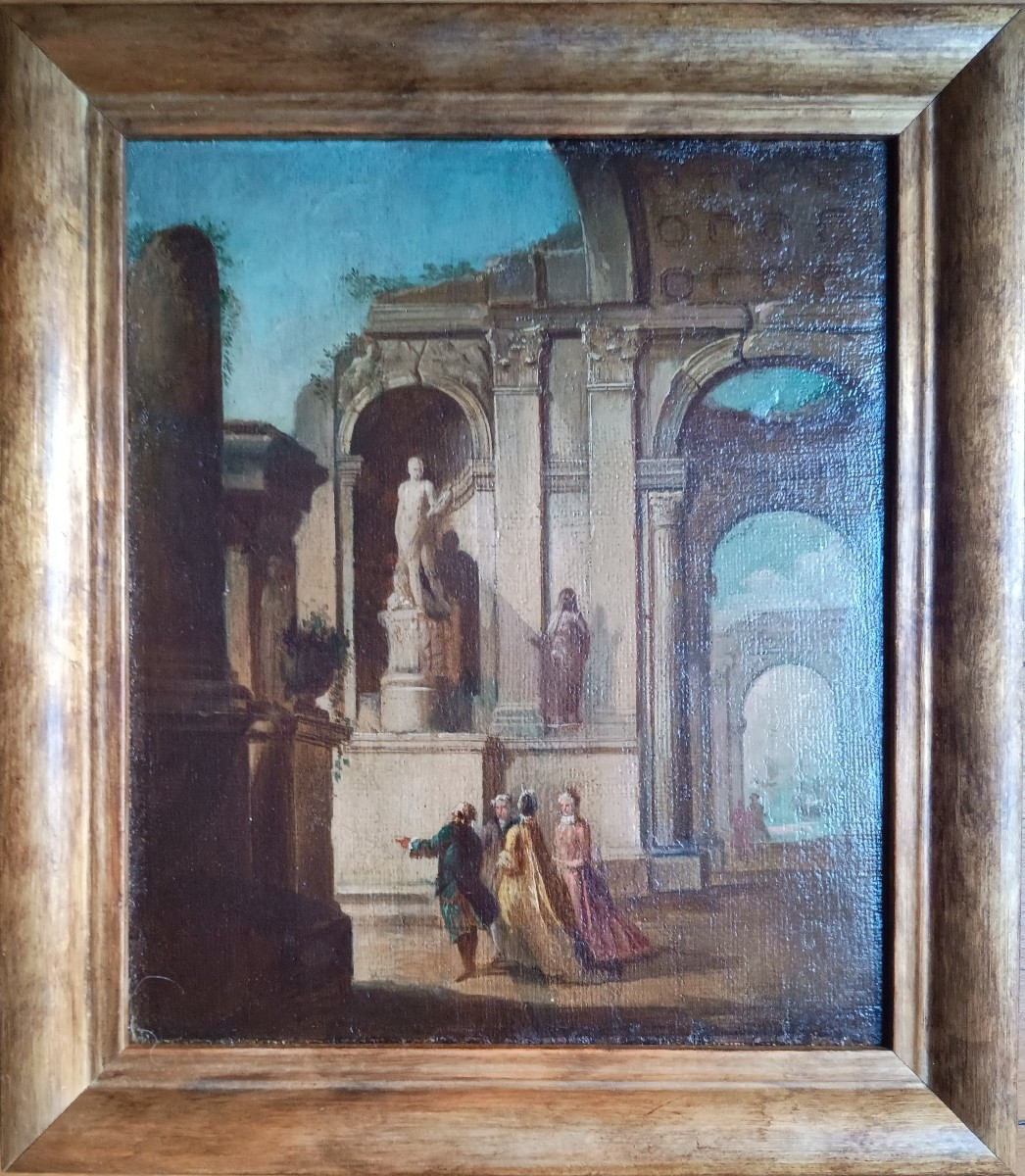 Ecole italienne du XVIIIe siècle, suiveur de Panini - Promeneurs dans des ruines antiques