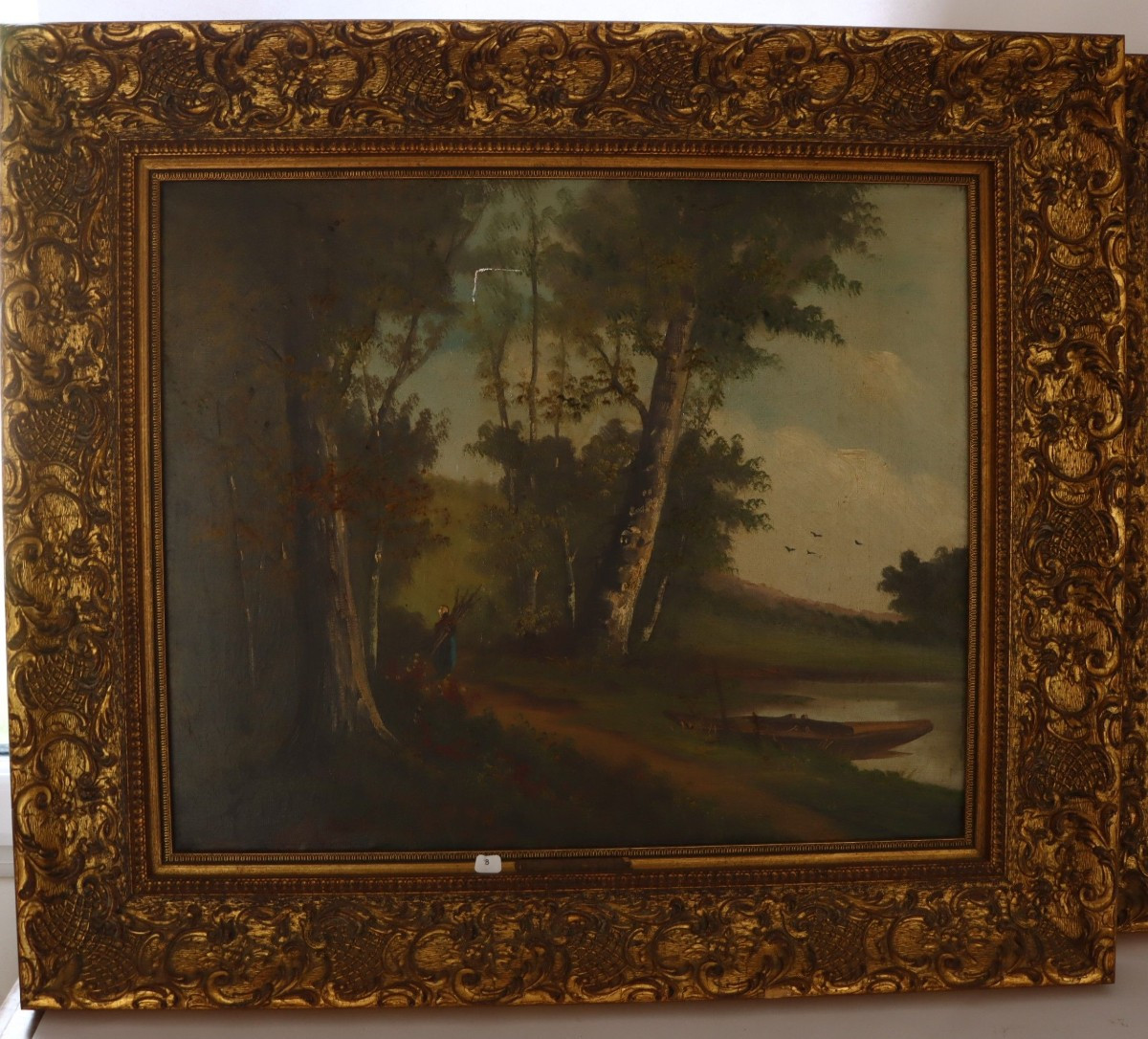 Lively Riverside Landscape – Oil On Canvas – Important 19th Century Gilt Frame