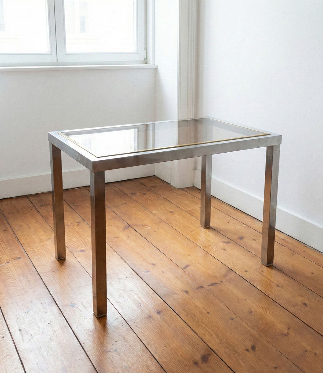 Side Table / End Table In Brushed Steel And Brass – Attributed To Guy Lefèvre (maison Jan