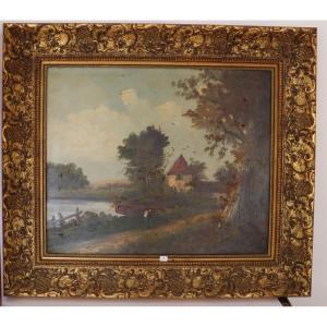 Animated 19th Century Landscape - "riverbank With Dovecote" - Important Period Gilt Frame