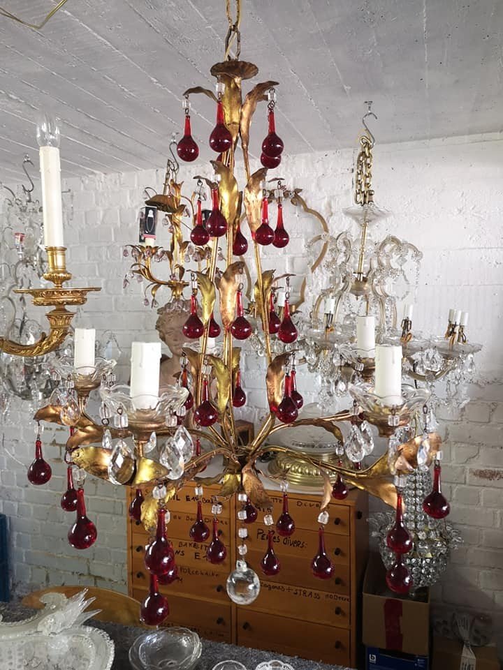 Italian Chandelier Of Romantic Baroque Type With Plant Decor Circa 1950...-photo-3