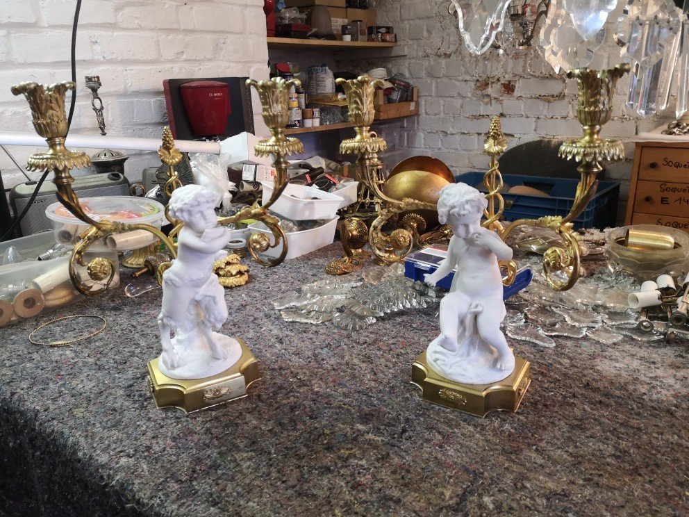 Pair Of Louis XV Candlesticks In Gilt Bronze And Sevres Porcelain-photo-2