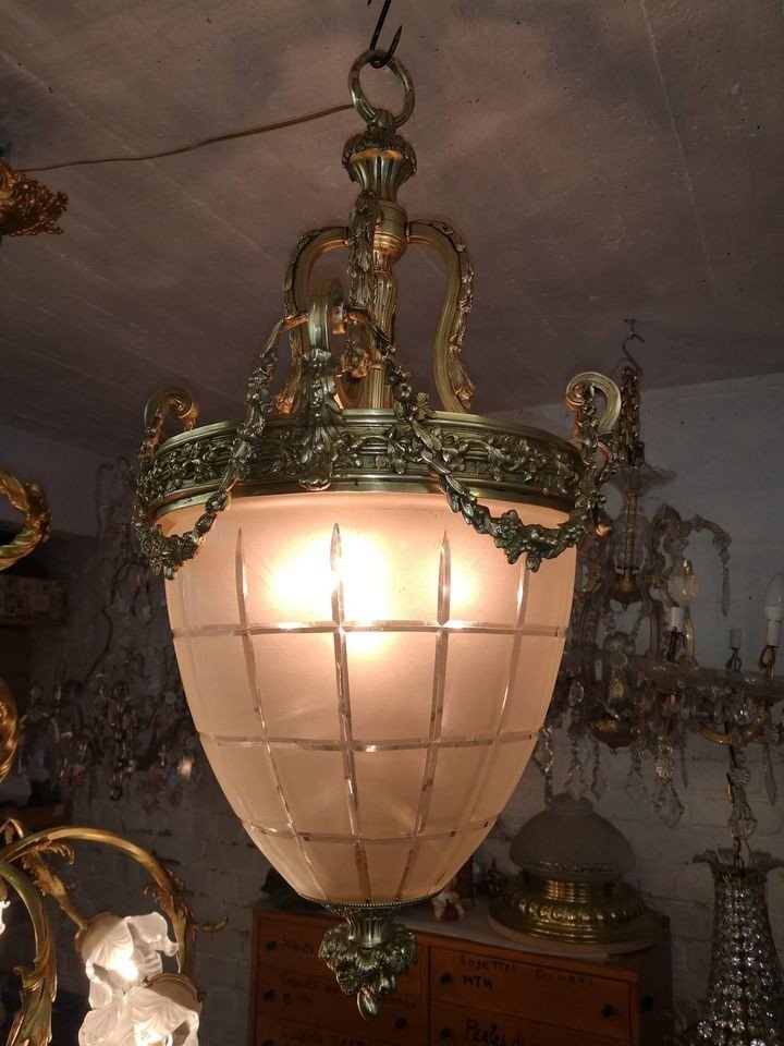 Lanterne De Hall De Style Louis XV En Bronze Doré Et Globe En Cristal Vers 1920...