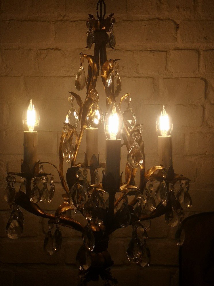 Italian Romantic Baroque Chandelier With Plant Decor And Tassels Circa 1960...