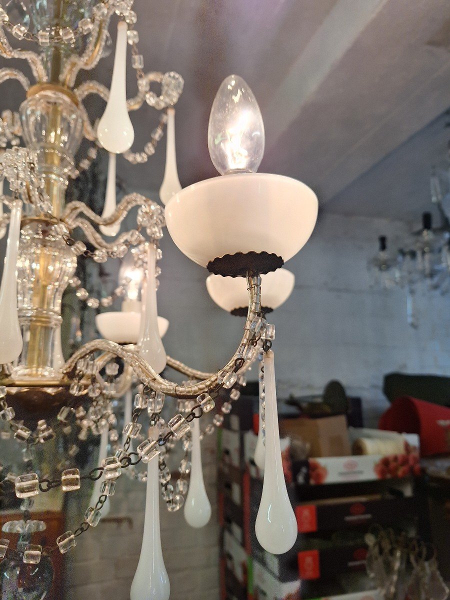 Romantic Baroque Style White Opaline Chandelier Circa 1960-photo-3