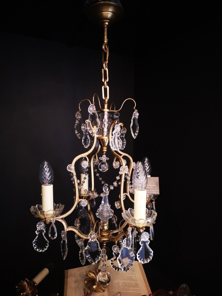 Lustre Français De Type Cage De Style Louis XV à Pampilles En Cristal