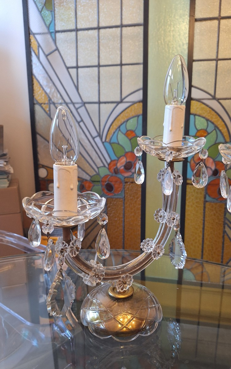Paire de girandoles ou de lampes de chevets de style Louis XV à pampilles en cristal vers 1960-photo-2