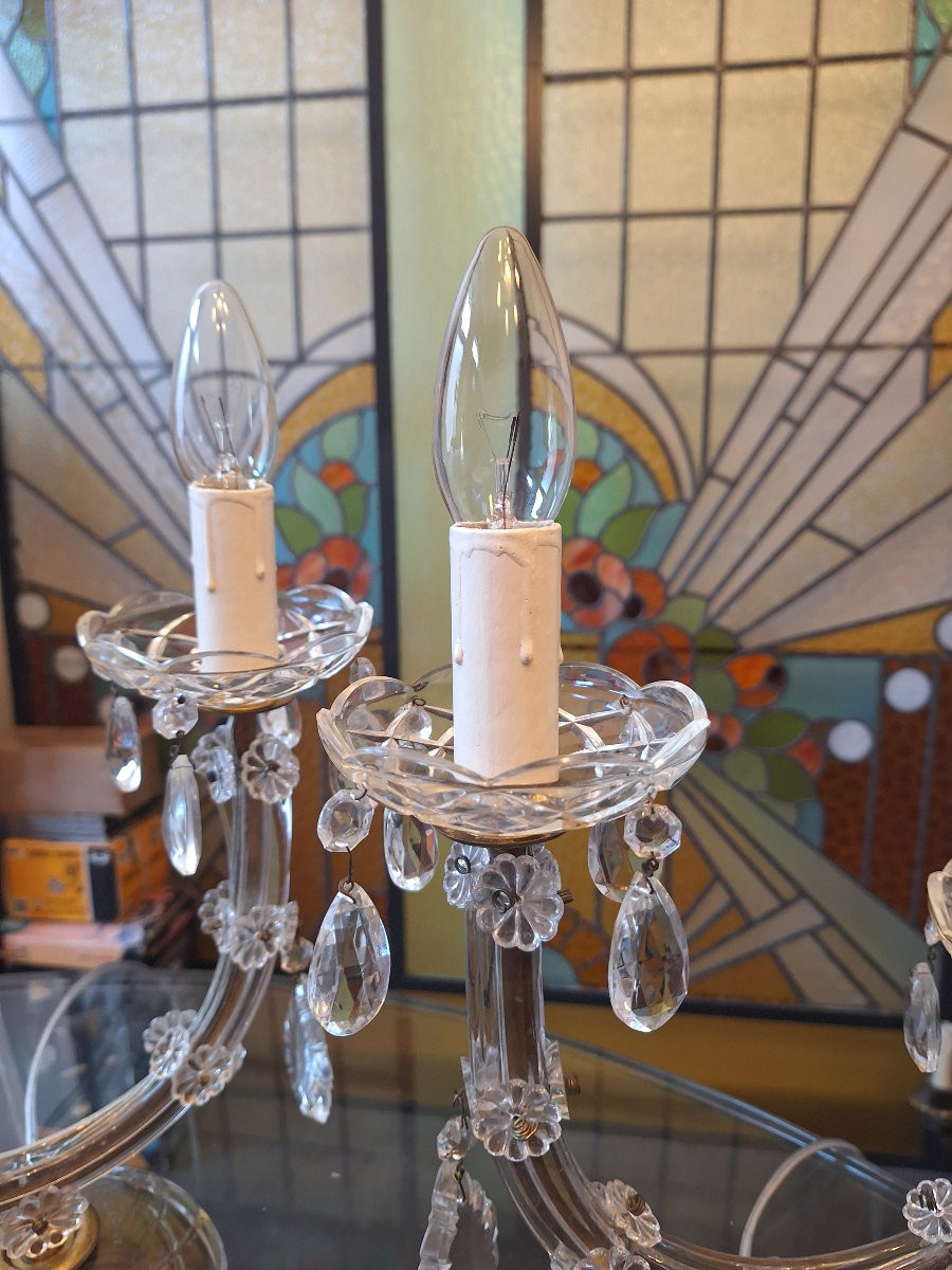 Paire de girandoles ou de lampes de chevets de style Louis XV à pampilles en cristal vers 1960-photo-4