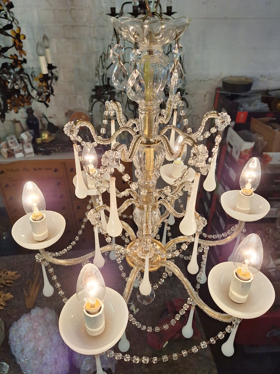 Italian Baroque-romantic Double-pearl And White Opaline Light Fixture Circa 1970-photo-2