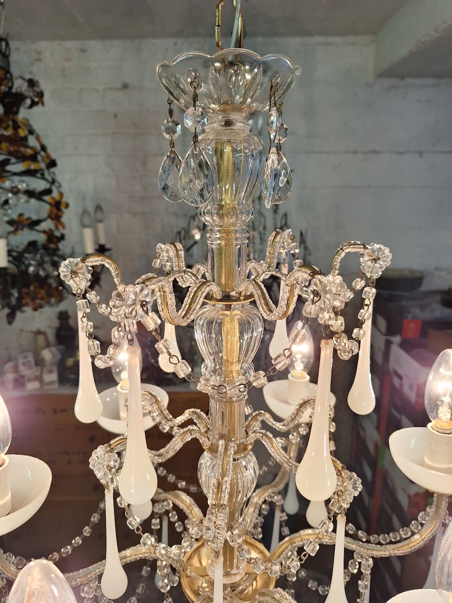 Italian Baroque-romantic Double-pearl And White Opaline Light Fixture Circa 1970-photo-3
