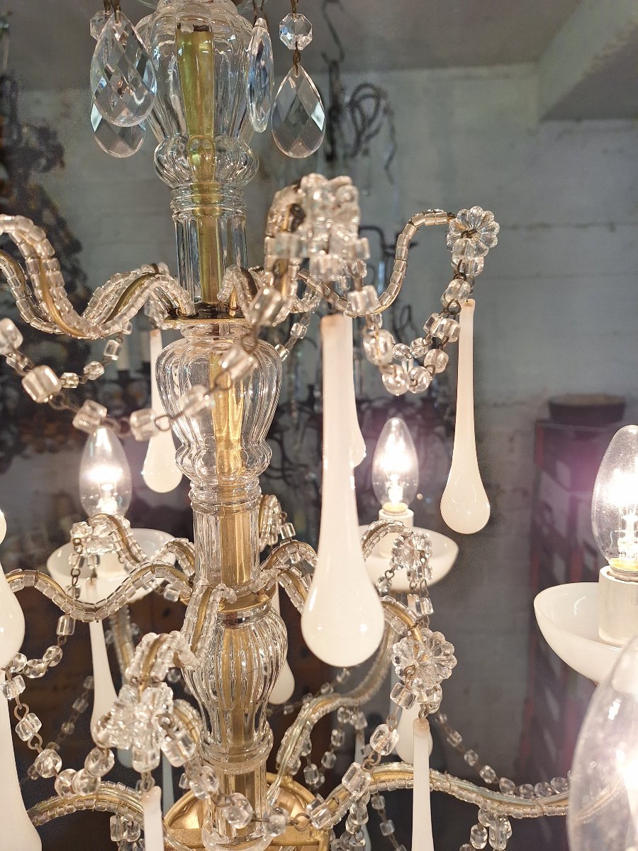 Italian Baroque-romantic Double-pearl And White Opaline Light Fixture Circa 1970-photo-4