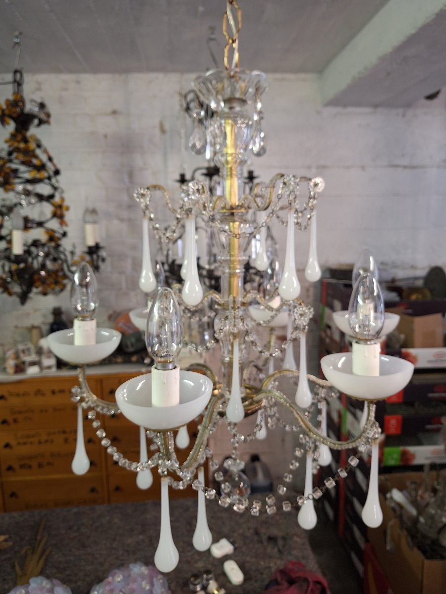 Italian Baroque-romantic Double-pearl And White Opaline Light Fixture Circa 1970-photo-1