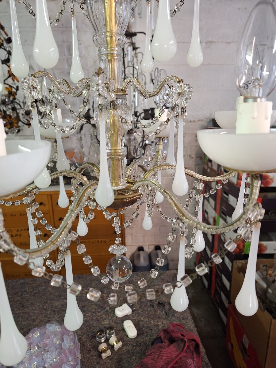 Italian Baroque-romantic Double-pearl And White Opaline Light Fixture Circa 1970-photo-2
