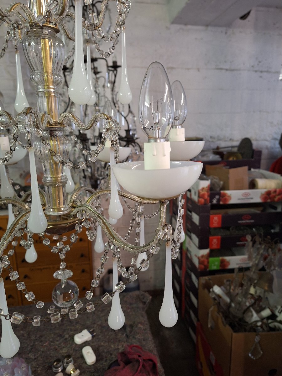 Italian Baroque-romantic Double-pearl And White Opaline Light Fixture Circa 1970-photo-3