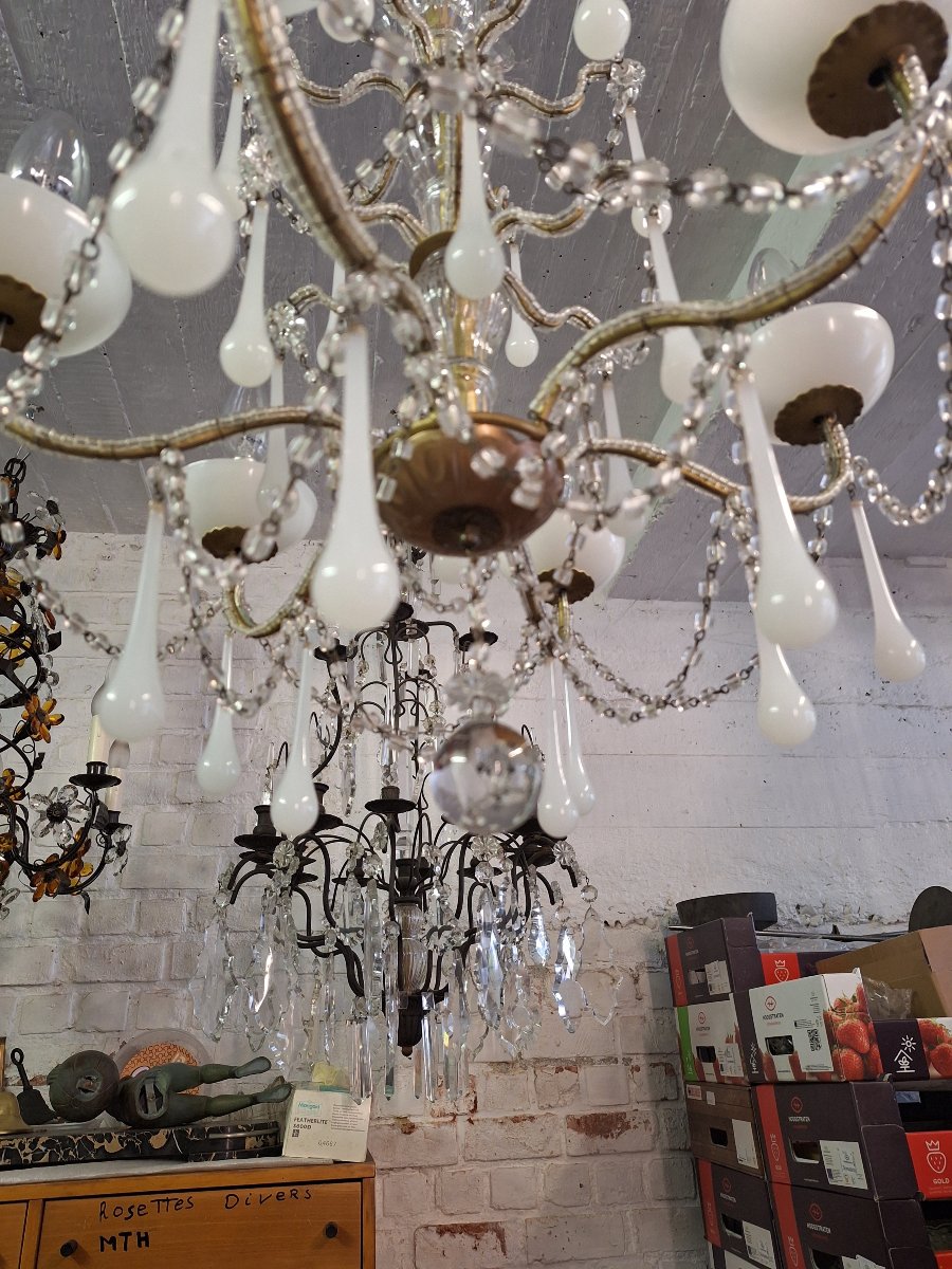 Italian Baroque-romantic Double-pearl And White Opaline Light Fixture Circa 1970-photo-4