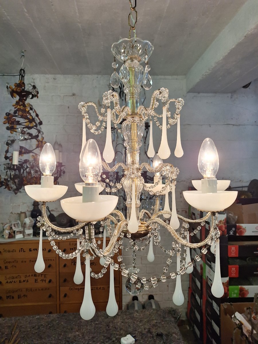 Italian Baroque-romantic Double-pearl And White Opaline Light Fixture Circa 1970