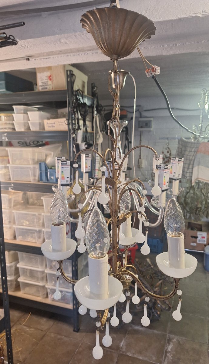 Small Italian Lamp In The Romantic Baroque Style, Circa 1970, With White Opaline Pendants -photo-6