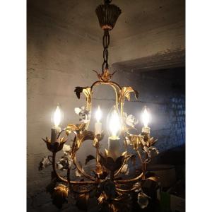 Italian Romantic Baroque Chandelier With Plant Decor And White Roses Circa 1960...