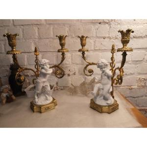 Paire De Chandeliers Louis XV En Bronze Doré Et Porcelaine De Sevres 