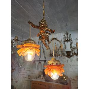 Louis XV-style Pendant Lamp With A Cherub, Circa 1920