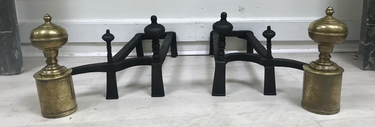 Andirons Double Three Tops Wrought Iron And Bronze