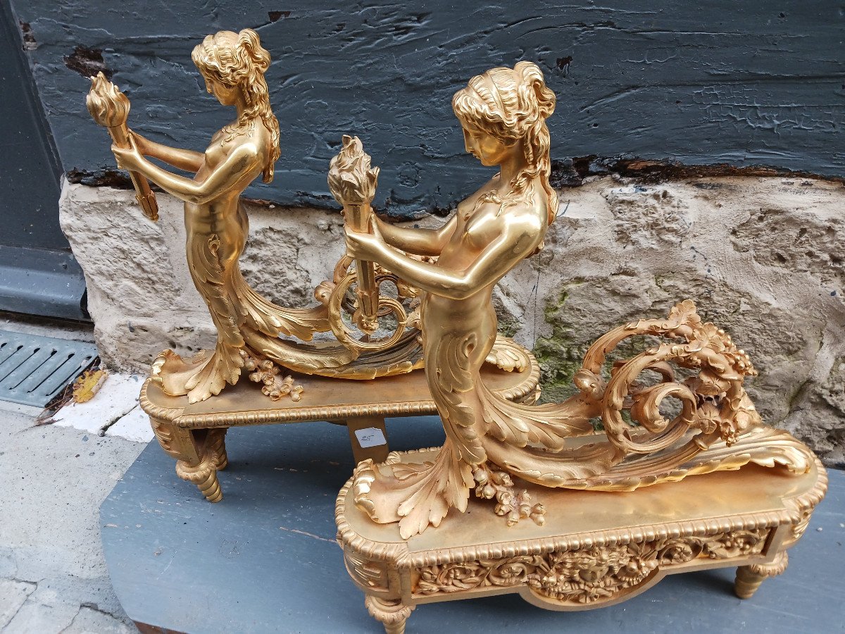 Très Belle Paire De Chenets En Bronze Doré-photo-2