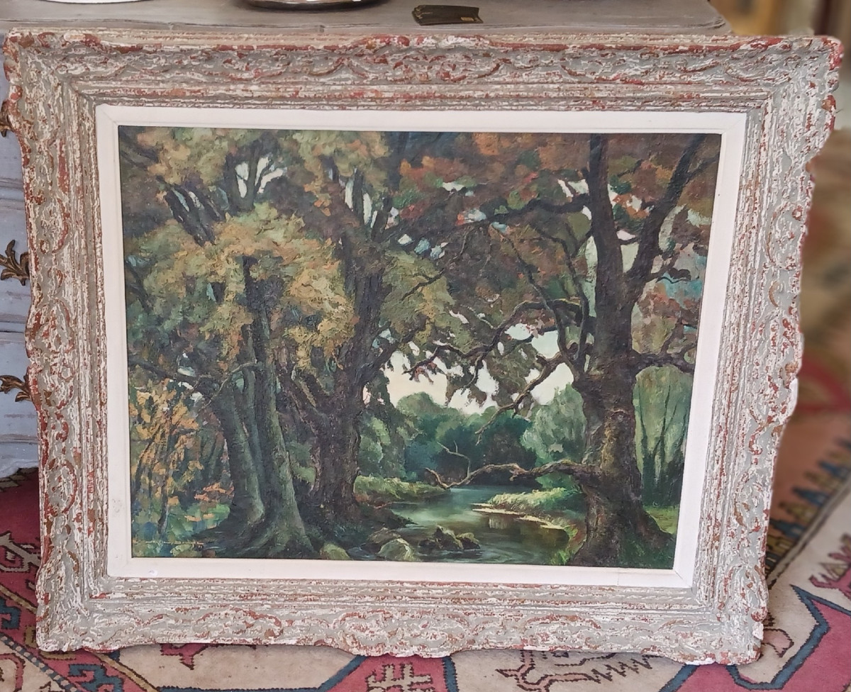 Huile sur toile "Rivière dans un sous-bois"