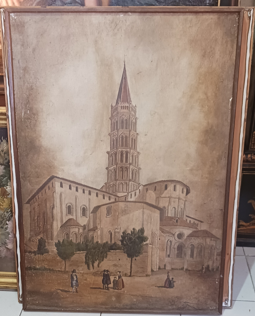 Oil On Canvas Toulouse "church Of Saint Sernin"