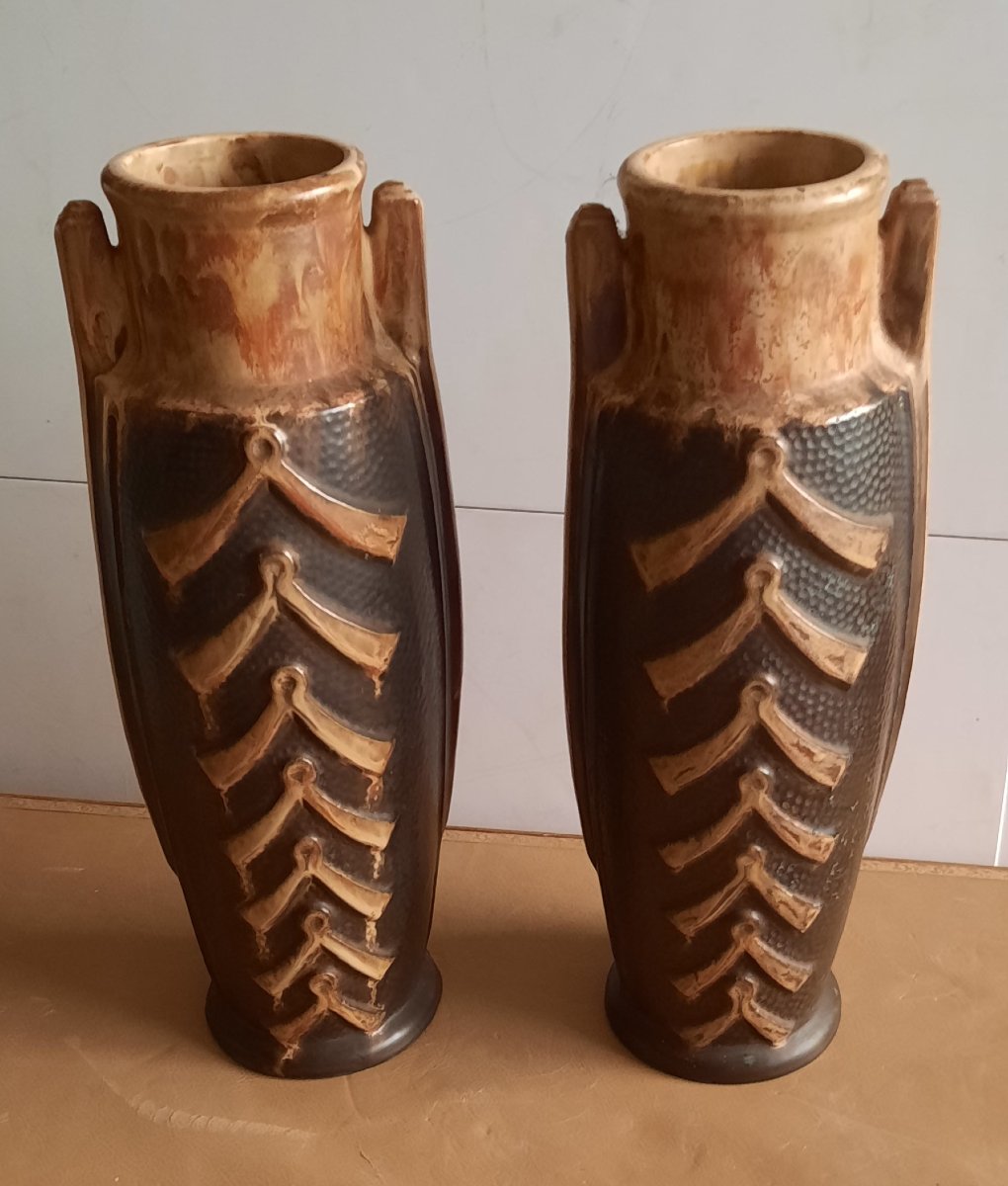 Pair Of Art Deco Stoneware Vases Gilbert Metenier-photo-2