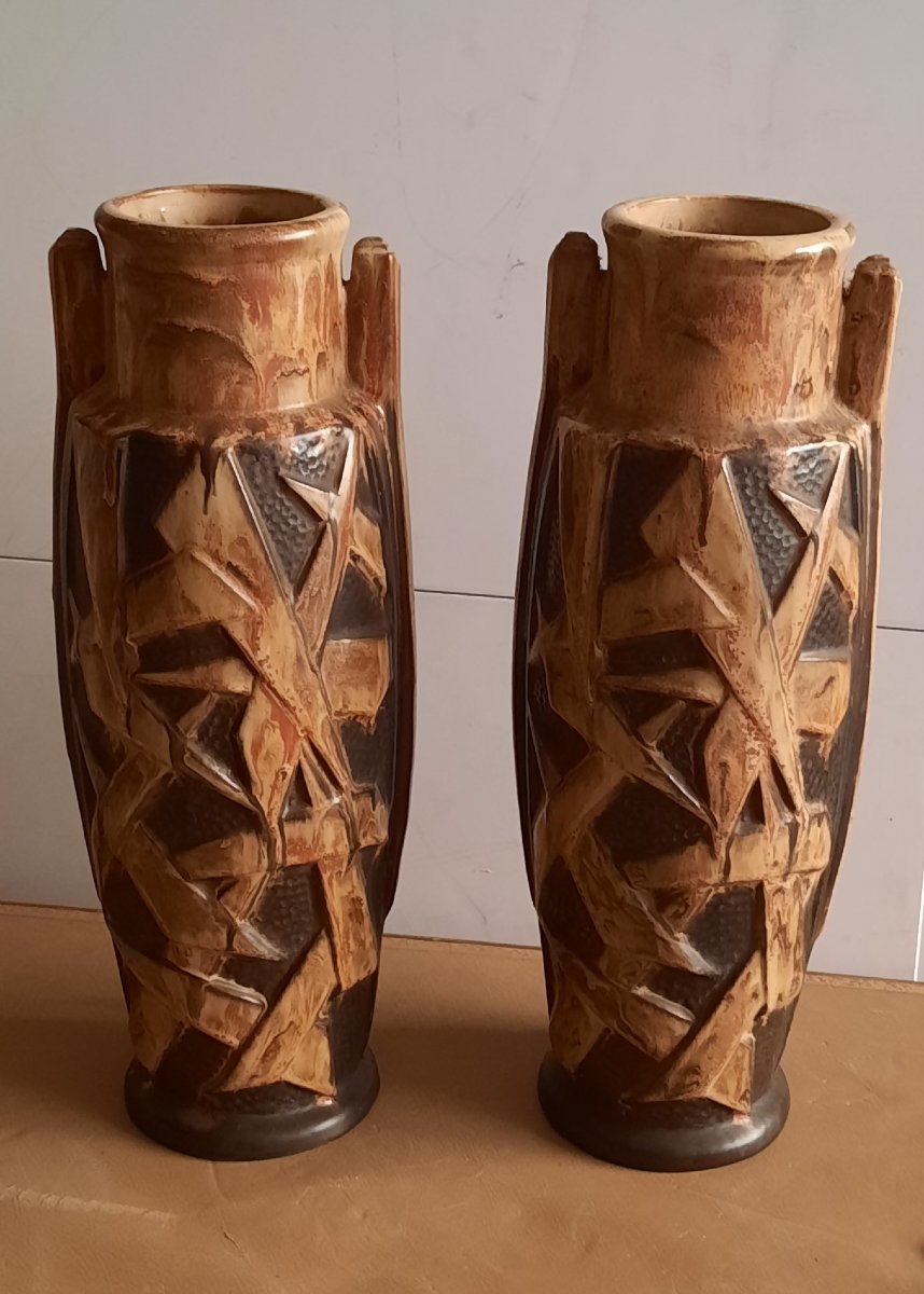 Pair Of Art Deco Stoneware Vases Gilbert Metenier