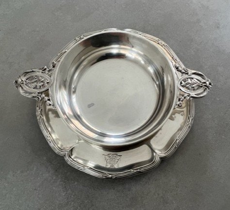 Ecuelle Couverte Sur Présentoir En Argent Massif Avec Blason Style Louis XVI-photo-4