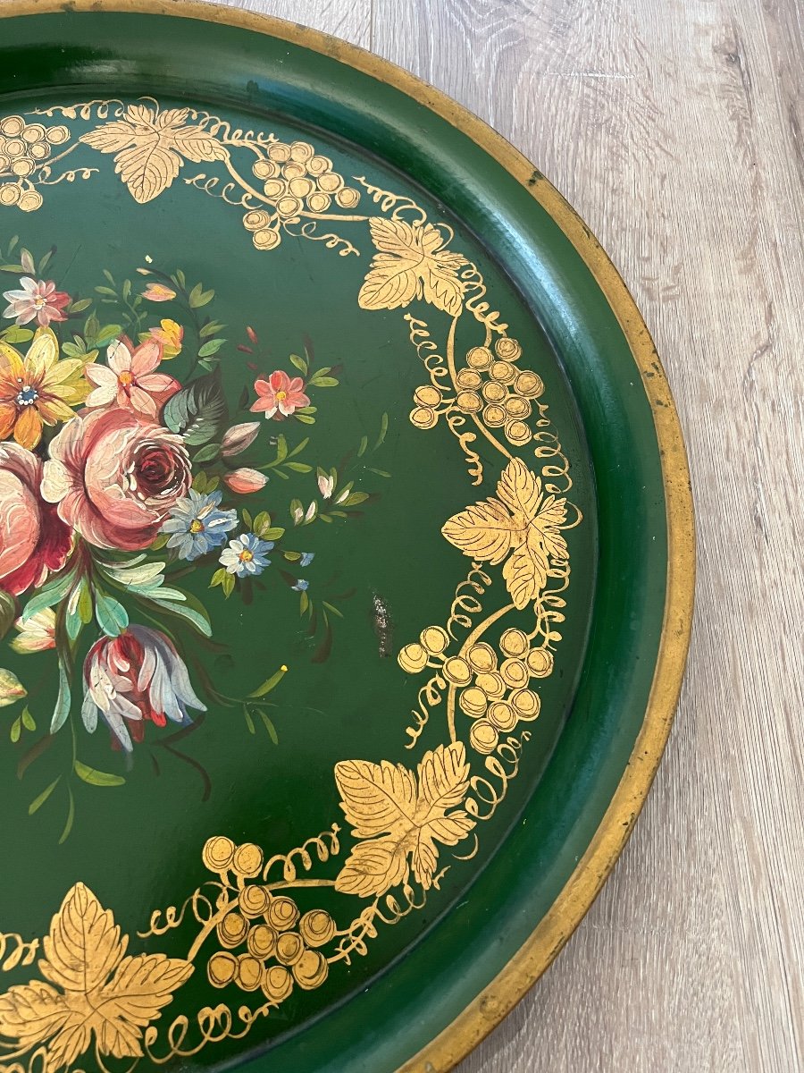 Round Tray In Painted Tole Floral Decor-photo-4