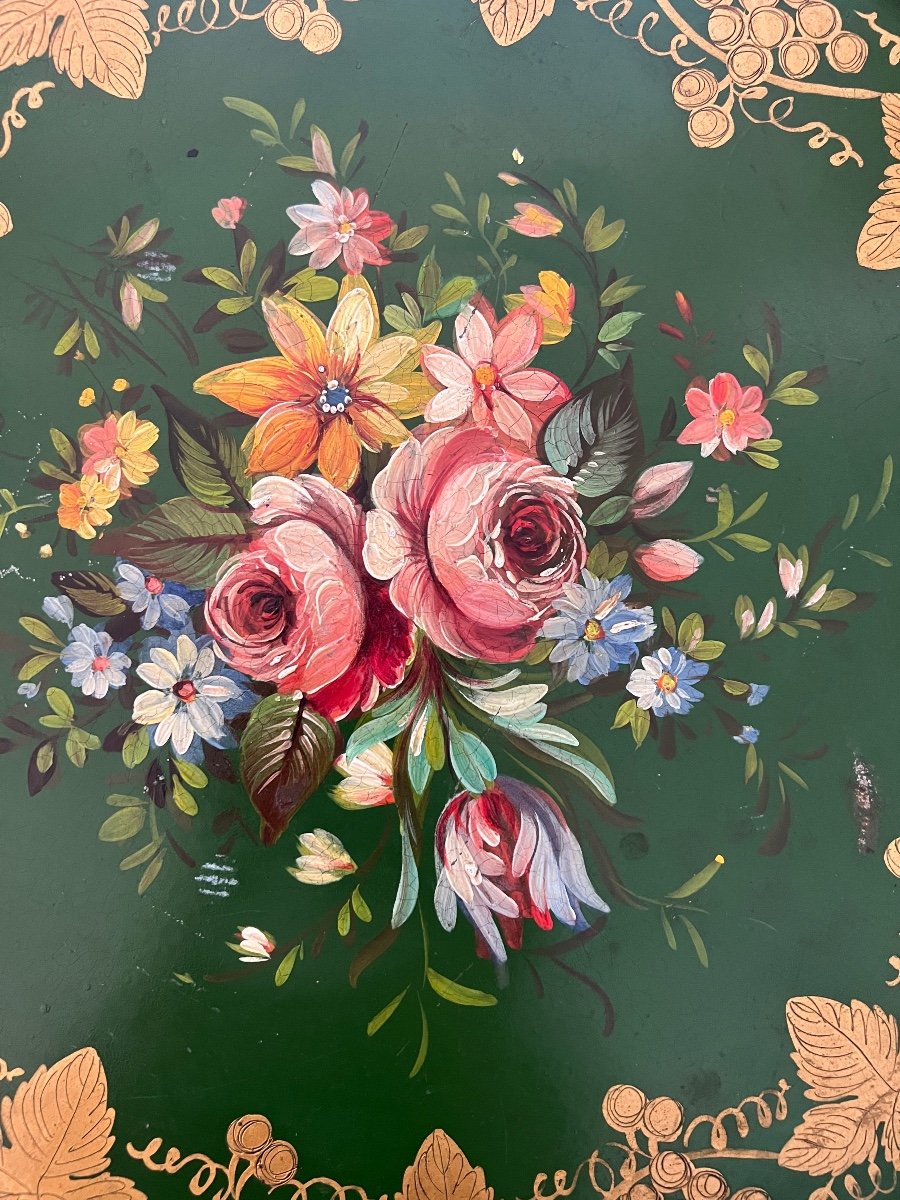 Round Tray In Painted Tole Floral Decor-photo-2
