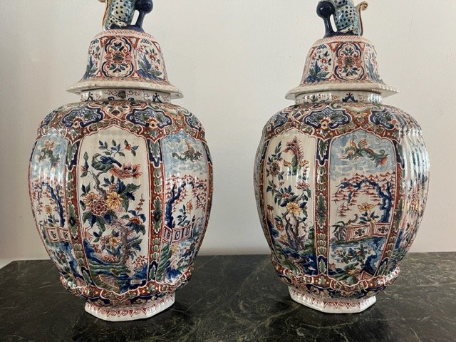 Paire De Vases / Potiches Couvertes De Louis  Fourmaintraux à Desvres  Décor Chinois -photo-2