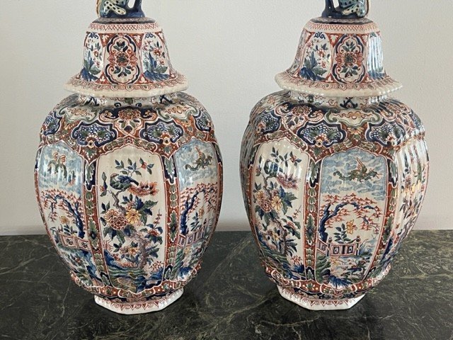 Paire De Vases / Potiches Couvertes De Louis  Fourmaintraux à Desvres  Décor Chinois -photo-4