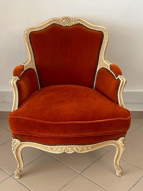 Bergère De Style Louis XV En Bois Sculpté Tissus Velours -photo-2