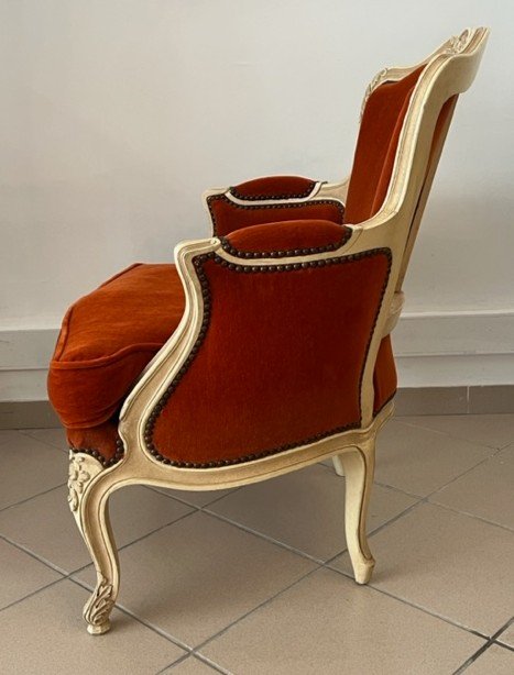 Bergère De Style Louis XV En Bois Sculpté Tissus Velours -photo-4