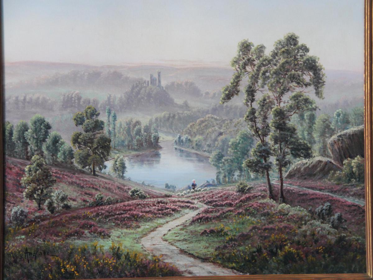 Gaston Anglade 1854-1919 Paysage aux Bruyères avec Moutons à la Rivière -photo-2