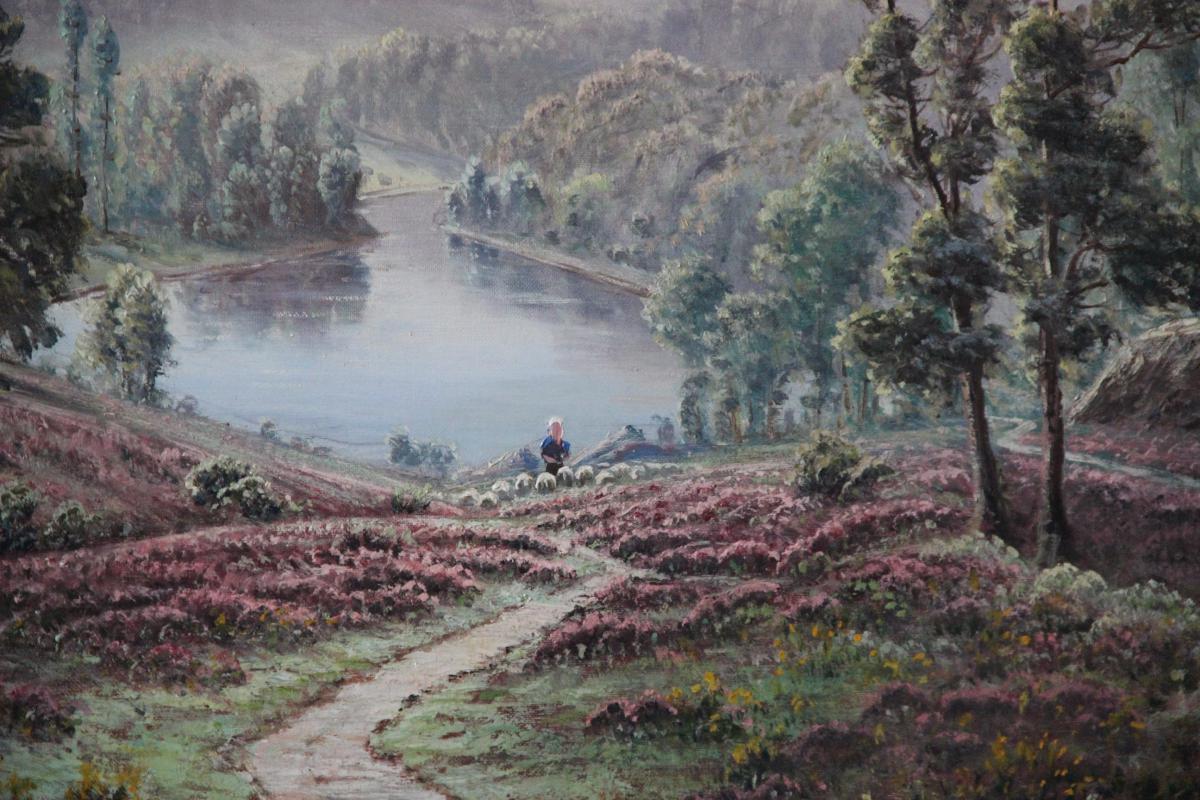 Gaston Anglade 1854-1919 Paysage aux Bruyères avec Moutons à la Rivière -photo-3