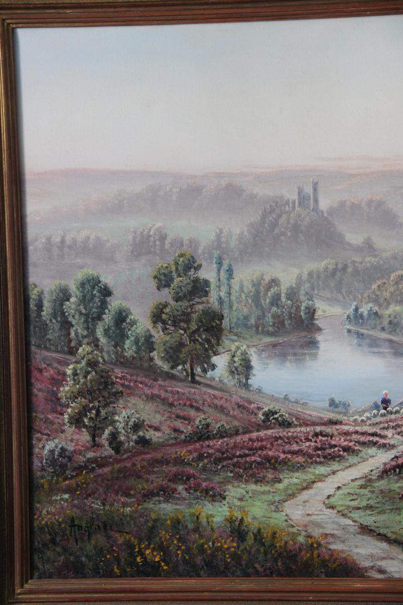Gaston Anglade 1854-1919 Paysage aux Bruyères avec Moutons à la Rivière -photo-1